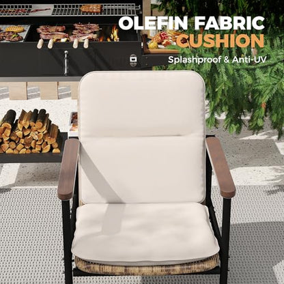 HAPPATIO Aluminum Patio Dining Chairs Set 4 Pieces, All-Weather Wicker Rattan Outdoor Dining Chairs with Wooden Armrests & Cushions, Classic Outdoor Seating for Garden, Lawn, Backyard