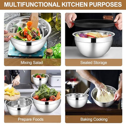 LIANYU 6 Piece Mixing Bowls with Lids Set, Size 7 & 3.5 & 2.5 & 2 & 1.5 & 1QT, Stainless Steel Cooking Serving Bowls, Metal Kitchen Nesting Bowl for Prepping & Food Storage, Dishwasher Safe, Khaki