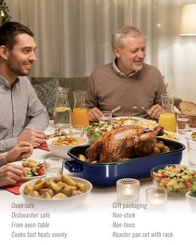 MCCSI Roasting Pan for Oven with Rack 6-Piece Enamel Deep Lasagna Baking Dish 14&17 Inch, 572°F High Temp Resistance Dishwasher Safe Non-Stick Easy-To-Clean, Large Turkey Ham Roaster Mothers Day Gift