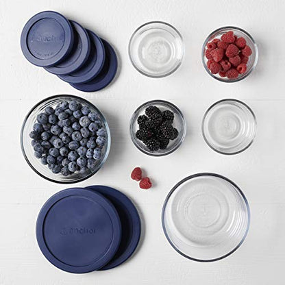 Anchor Hocking 12 Piece Glass Storage Containers with Lids (6 Glass Food Storage Containers & 6 Navy Blue SnugFit Lids)