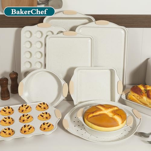 BakerChef 10-Piece Nonstick Baking Pans Set, Stackable Non-Toxic Bakeware Sets with Silicone Handle, Oven Pan Set for Cooking, Includes Easy Release Cookie Sheet, Roasting Pan, Muffin Tin (Cream)