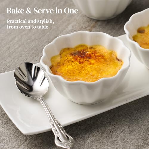 DOWAN Porcelain Ramekins - Oven Safe Serving Bowls for Souffle, Creme Brulee and Dipping Sauces, Flower Shape Ramekins for Baking (4OZ, White)