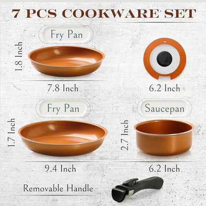 Moss & Stone Copper Pots And Pans Set Nonstick, Removable Handle Cookware, Stackable Pots And Pans Set, Dishwasher safe, Induction Pots And Pans, Camping Cookware Set, Aluminum (7 Pcs)