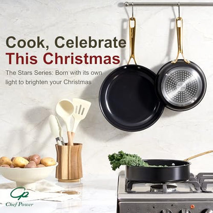 Chef Power Ceramic Frying Pan with Stainless Steel handle 5Pcs Set, Non-toxic Non Stick Grill Pan Set, Induction, Dishwasher and Oven Safe, Stone Black & Light Gold Handle, 8'', 9'', 11'' Skillet