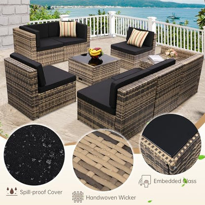 KROFEM 8-Piece Patio Furniture Set, Outdoor Wicker Rattan Sectional with Thick Cushions, Glass Top Table with Hidden Storage, Outdoor Conversation Set for Backyard, Porch, Patio, Black