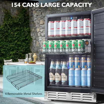 Kalamera 24 inch Stainless Steel Beverage Refrigerator, Under Counter Beverage Cooler for 154 Cans with 32-41℉ Temperature Range - Soda and Beer Refrigerator with Soild Stainless Door
