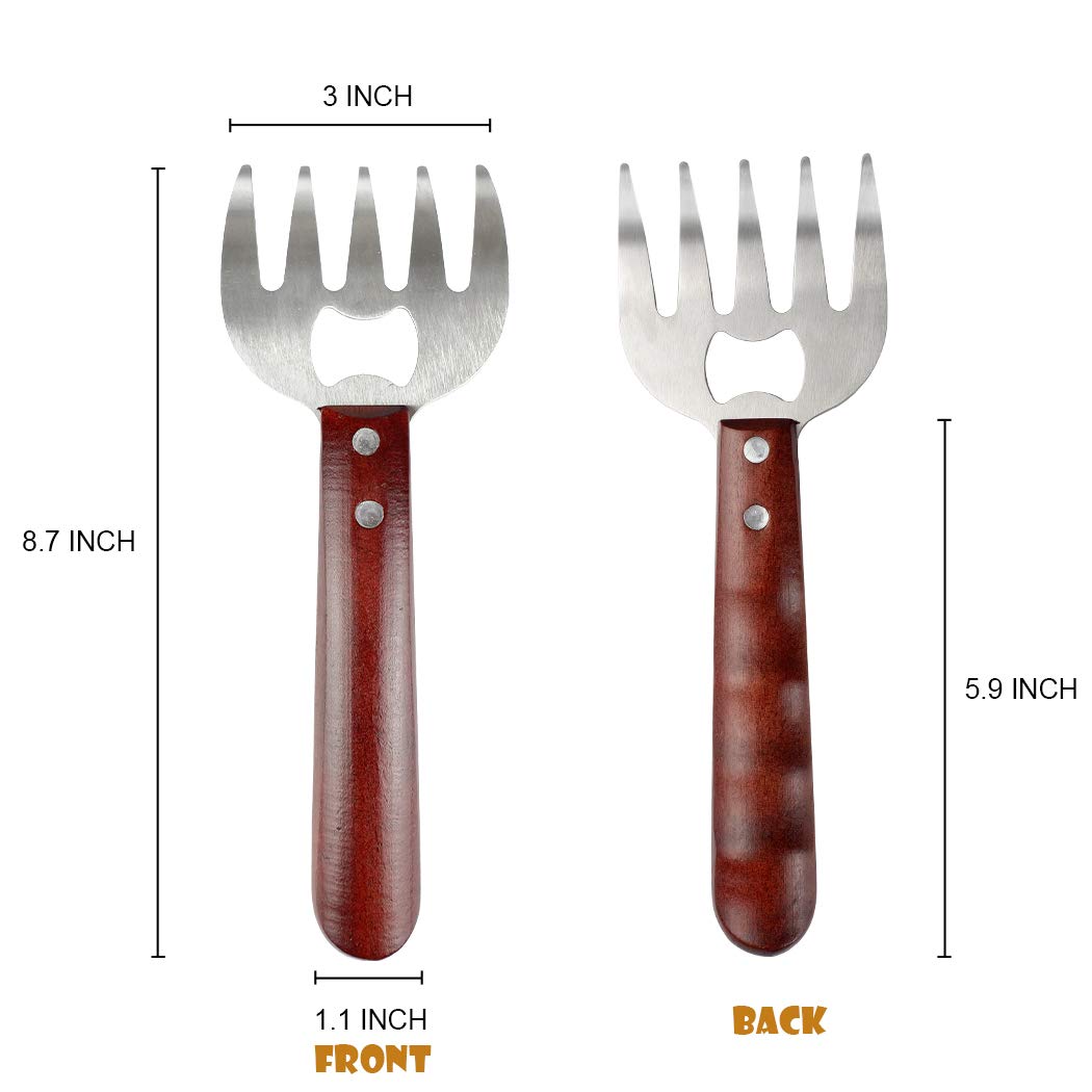 AIYUE Meat Shredding Claws Stainless Steel Pulled Pork Shredder Meat Claws for BBQ Shredding Pulling Handing Lifting & Serving Pork Turkey Chicken with Long Wood Handle (2 PCS,BPA Free)
