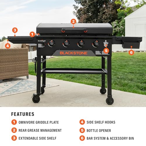 Blackstone Original 36" Griddle, Portable Outdoor Grill with Built-In Hood, Black - Includes Extendable Side Shelves and Caster Wheels