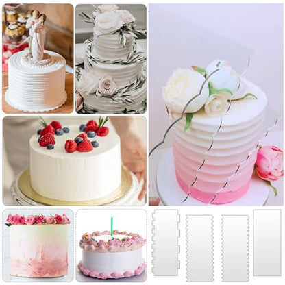 JOERSH 4pcs Acrylic Cake Scrapers Clear Combs Icing Frosting Buttercream Edge Smoother for Mousse Butter Cream Decoration
