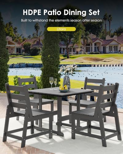 GREENVINES 5-Piece-Outdoor-Dining-Set | HDPE | Square | Patio Furniture | All Weather | Armless Chair | Slatted Table and Chairs Sets for 4 | for Backyard Poolside Garden | Grey