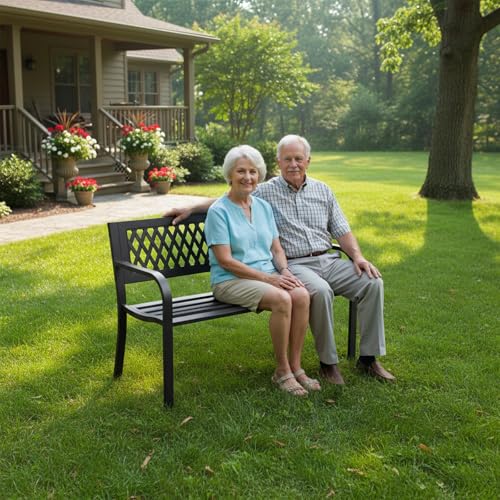 MAKE CHANGES Outdoor Bench, Garden Patio Park Entryway Metal Bench with Comfortable Backrest, Sturdy Heavy Duty Loveseat Front Porch Backyard Lawn Furniture for Outside