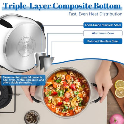 E-far Stainless Steel Stock Pot, 8 Quart Large Cooking Pot with Glass Lid for Boiling Pasta Soup Sauce, Tri-Ply Induction Thick Base for All Stoves, Cool-Touch Handles & Dishwasher Safe