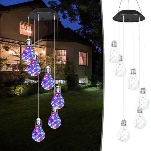 Colorful LED Solar Wind Chimes 21.6inch Light Bulb Shape Mobile Hanging Wind Chime Outdoor Waterproof Decorative Solar Powered Lights for Porch Deck Garden Patio Balcony Decor
