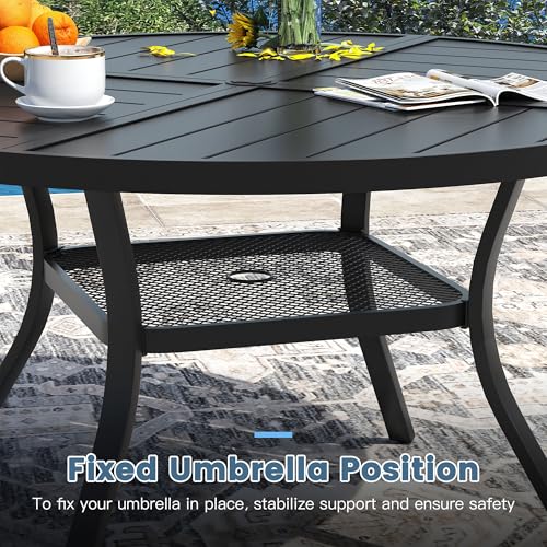 DIFY 5 Pieces Outdoor Patio Dining Set for 4, 40.6" Black Round Metal Dining Table and 4 Blue Stackable Sling Dining Chairs, Outdoor Table and Chairs for Lawn Garden Backyard Deck