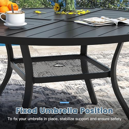 DIFY 5 Pieces Outdoor Patio Dining Set for 4, 40.6" Black Round Metal Dining Table and 4 Blue Stackable Sling Dining Chairs, Outdoor Table and Chairs for Lawn Garden Backyard Deck
