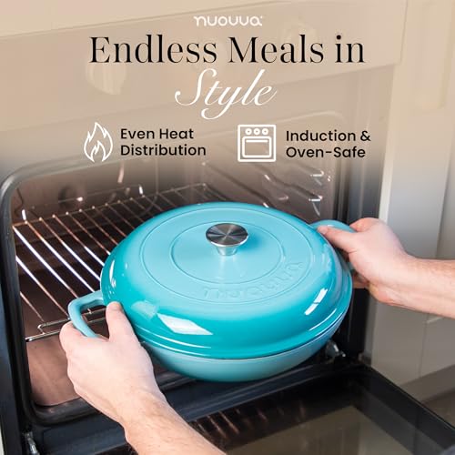 Shallow Cast Iron Casserole with Lid – Non Stick Dutch Oven Pot, Oven Safe up to 500° F – Sturdy Ovenproof Stockpot Cookware – Enamelled Cooking Pot – Blue, 5-Quart, 32cm – by Nuovva