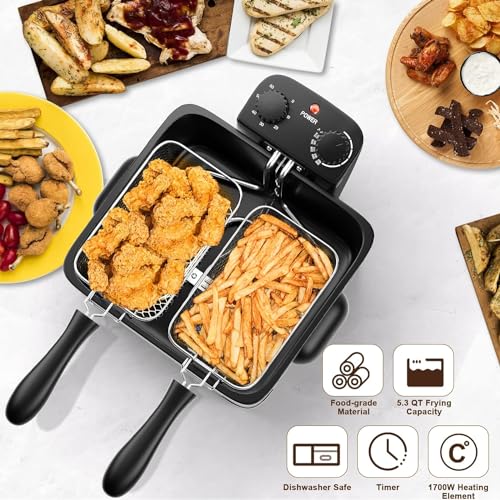 Deep Fryers with 3 Baskets - Simoe 5.3QT/21 Cup Electric Large Fryer Countertop, 1700W Stainless Steel Deep Oil Fryer with Lid, Adjustable Temperature & Timer & View Window, Professional Grade