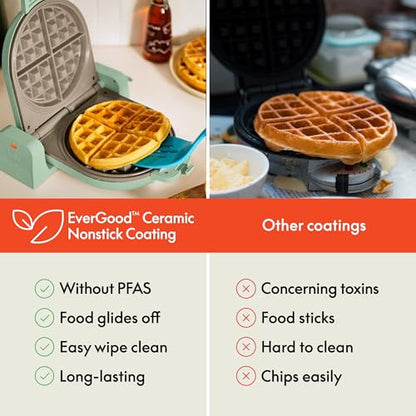 bella Flip-n-Store Waffle Maker with EverGood™ Ceramic Nonstick Coating, Fits-anywhere™ Kitchenware, Power Indicator Light, Cool Touch Handle & Cord Wrap, 7” Wide & 1" Deep Plates, 1000 Watt, Seaglass