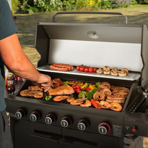 Royal Gourmet GE6001H 6-Burner Gas Grill, 72,000 BTU, 691 Sq. In. Cooking Area, with Sear and Side Burner, Side Shelf with hooks, spice basket, Movable Cabinet Style Grill for Outdoor Grilling, Black