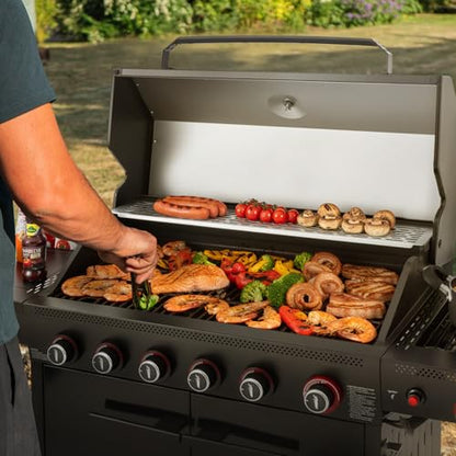 Royal Gourmet GE6001H 6-Burner Gas Grill, 72,000 BTU, 691 Sq. In. Cooking Area, with Sear and Side Burner, Side Shelf with hooks, spice basket, Movable Cabinet Style Grill for Outdoor Grilling, Black