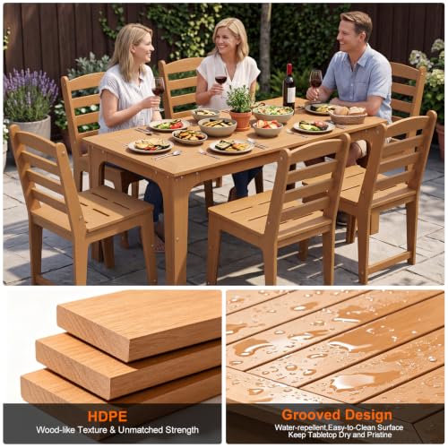 ACUEL HDPE Patio Dining Set for 6, 7 Pcs Outddor Table & Chairs, Teak Color