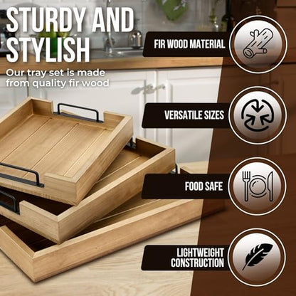 Flexzion Rustic Wooden Serving Trays Set of 3 with Handles, Stackable Fir Wood Ottoman Tray for Coffee Table, Breakfast in Bed, Charcuterie, Snacks, Drinks, Food Serving & Home Decor, Brown