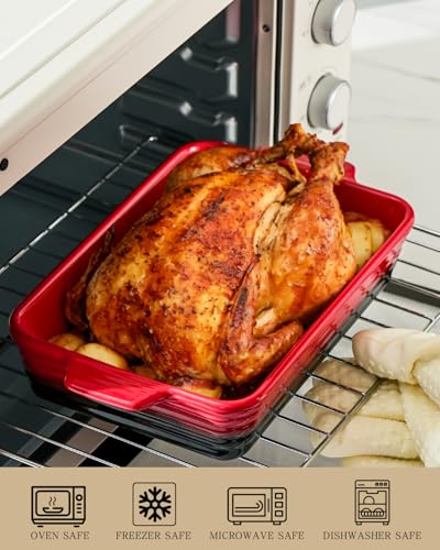 Casserole Dishes For Oven, Heat-Resistant Ceramic Bakeware Set Of 4 Rectangular Baking Dish Set With Handles For Lasagna, Cake, Pie, Dinner, Cooking, Ceramic Baking Dish, Red (9.4"/11.1"/12.2"/14.7")