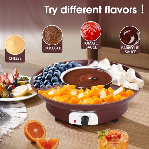 VAlinks Electric Chocolate Melting Pot Chocolate Fondue Pot Set 3-Section Serving Trays with 6pcs Dipping Forks Perfect for Housewarming Christmas Party Gifts (Brown)