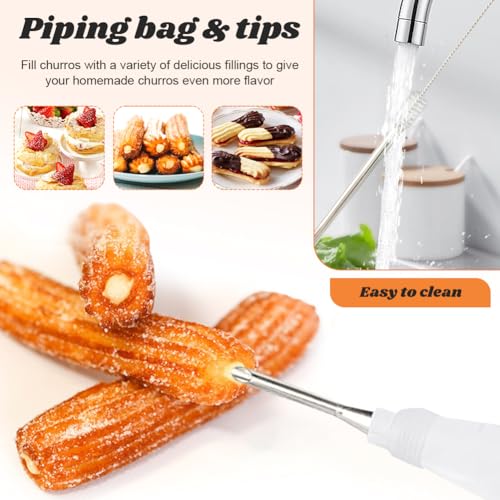 Stainless Steel Churro Maker Machine with 8 Discs Nozzles and 8 Piping Tips Cleaning Brush & Filling Piping Bag,maquina Para Hacer Churro cookie press