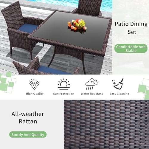 Trumbeak 15 Piece Outdoor Dining Set,Rattan Patio Conversation Set of 12 Chairs,Patio Dining Table and Chairs w/Cushions,Square Glass Tabletop,Umbrella Cutout for Patio,NavyBlue