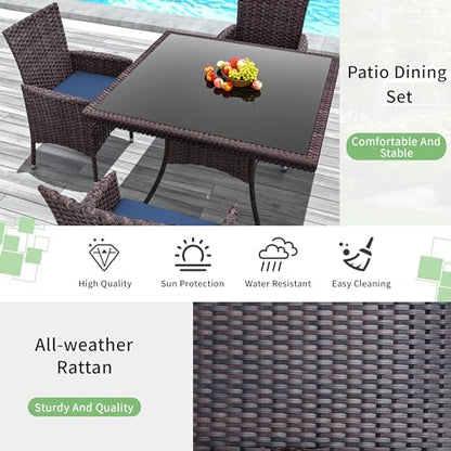 Trumbeak 15 Piece Outdoor Dining Set,Rattan Patio Conversation Set of 12 Chairs,Patio Dining Table and Chairs w/Cushions,Square Glass Tabletop,Umbrella Cutout for Patio,NavyBlue