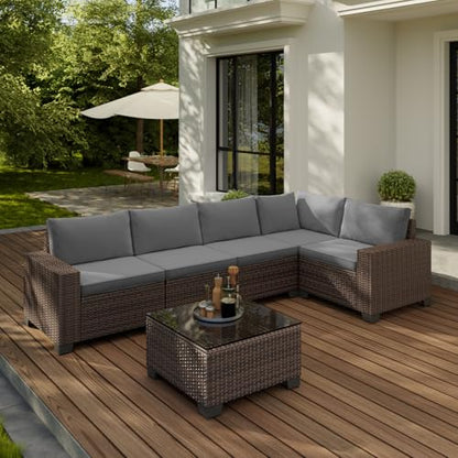 Gizoon 6-Piece Outdoor Patio Furniture Set, PE Wicker Rattan Sectional Sofa