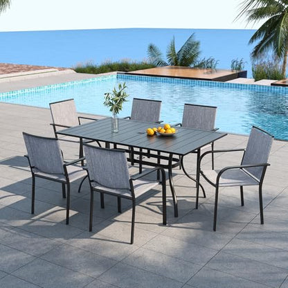 Anmutig 7-Piece Outdoor Patio Dining Set, 6 Stackable Patio Chairs & Rectangular Dining Table with All Weather Frame Furniture Set - 63" x 38" Gray