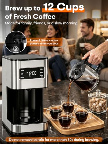 12 Cup Drip Coffee Maker Programmable, Regular & Strong, LED Display