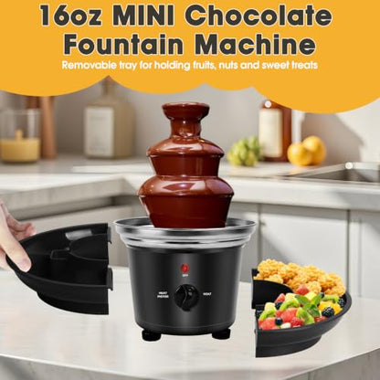 16oz Chocolate Fountain, 3-Tier MINI Chocolate Fondue Fountain with 6PCS Fondue Fork and Removal Tray for Treats/Fruits/Nuts
