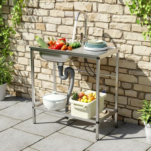 Stainless Steel Utility Sink Set, Freestanding Single Bowl Kitchen Sink, Outdoor Sink Station with Hose Hook Up, Storage Shelves for Garage, Restaurant, Kitchen, Laundry Room (Stainless Steel)