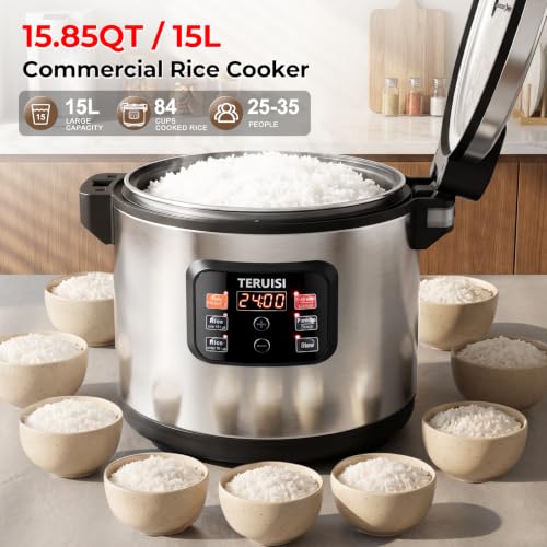 TERUISI Commercial Rice Cooker, 15.85QT/84 Cups Cooked Rice 15L Large Capacity Rice Cooker & Warmer, 1850W Fast Rice Cooker with 6 Functions, LED Display, Non-stick Inner Pot for 25-35 People Use,110V