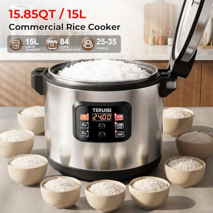 TERUISI Commercial Rice Cooker, 15.85QT/84 Cups Cooked Rice 15L Large Capacity Rice Cooker & Warmer, 1850W Fast Rice Cooker with 6 Functions, LED Display, Non-stick Inner Pot for 25-35 People Use,110V