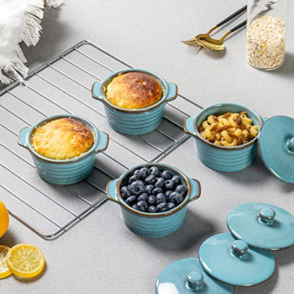 Creme Brulee Ramekins 8 oz with Lids, Oven Safe Bowls for French Onion Soup - Souffle Dish, Mini Covered Casserole Dish, Pot Pie Baking Dishes Set of 4, Reactive Blue