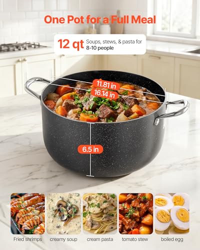 VEVOR Aluminum Stock Pot, 12-Quart Nonstick Ceramic Coated Pot with Glass Lid, PFOA-Free, PFAS-Free, Compatible with Gas Stoves, Induction Cooktops, Electric Stoves, for Soups, Stews, and Pasta