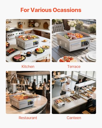 VEVOR 14" Commercial Electric Griddle,110V 1500W Electric Countertop Griddle Non-Stick Restaurant Teppanyaki flat top Grill Stainless Steel 122°F-572°F Adjustable Temperature Control(No Plug)