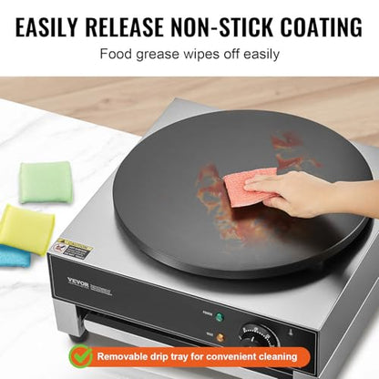 VEVOR Electric Crepe Maker, 16-Inch Commercial Crepe Machine, 1700W Flat Plate Crepe Griddle, Nonstick Stainless Steel Pancake Making Machine, Desktop Circular Cereals Pancake Stove with Temp Control