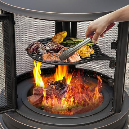 Giantex 2 in 1 Outdoor Fire Pit with Grill, 30 Inch Metal Chiminea, Wood Burning Fireplace with Chimney, Spark Screen Door & Fire Poker, Patio Firepit for Garden, Backyard, BBQ