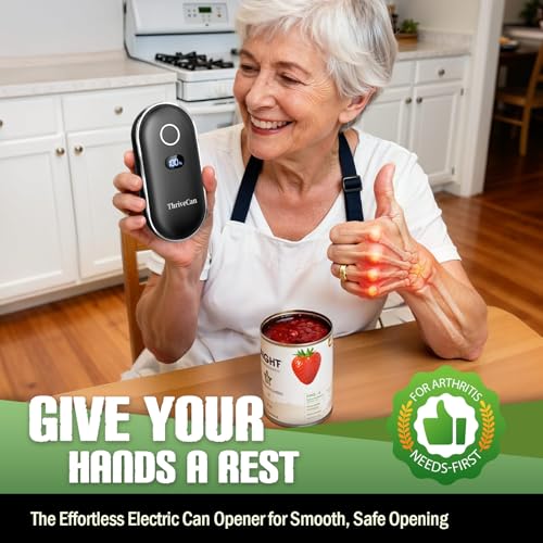 ThriveCan Rechargeable Electric Can Opener – One-Touch for Seniors & Arthritis & Weak Hands, Smooth-Edge Side-Cut, Hands Free & Easy, Ergonomic Design Works on All Can Sizes, Ideal Kitchen Gift Black