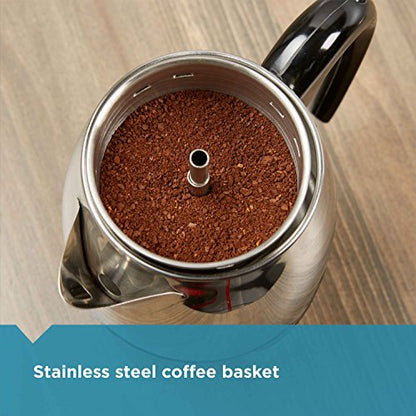Farberware Electric Coffee Percolator, FCP240, Stainless Steel Basket, Automatic Keep Warm, No-Drip Spout, 4 Cup, Black/Silver