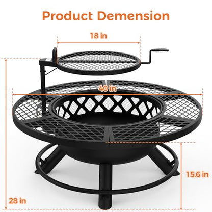 BALI OUTDOORS Fire Pit with Poker, 40 inch Outdoor Fire Pit Patio, Wood Burning Firepits for Outside with Grill