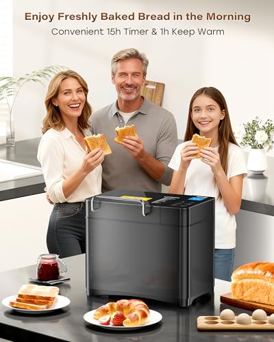 KBS 710W 2LB Bread Maker Dual Heaters, 17-in-1 Stainless Steel Bread Machine with Healthy Ceramic Pan, Automatic Nut Dispenser, Tempered Glass Touch Panel, 3 Crust Colors, 15H Timer& Keep-Warm,Recipes