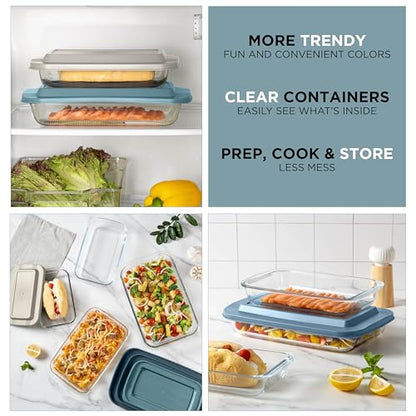 COOK WITH COLOR 8-Piece Deep Glass Baking Dish Set with Plastic Lids – Casserole and Food Storage Containers for Lasagna, Leftovers – Freezer-to-Oven, Microwave & Dishwasher Safe, Blue