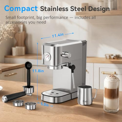 XIXUBX 20 Bar Espresso Machine, Compact Stainless Steel Espresso Maker with Milk Frother and Milk Frothing Pitcher, Coffee Machine for Cappuccino and Latte, 42 oz Water Tank for Home, Office, Silver