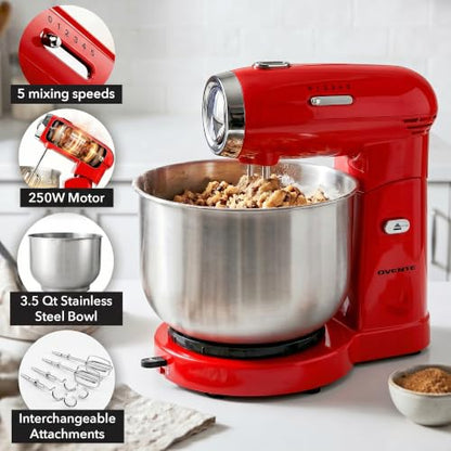 OVENTE Electric Stand Mixer, 3.5 QT, 5 Mixing Speeds, 250W, Red SM680R